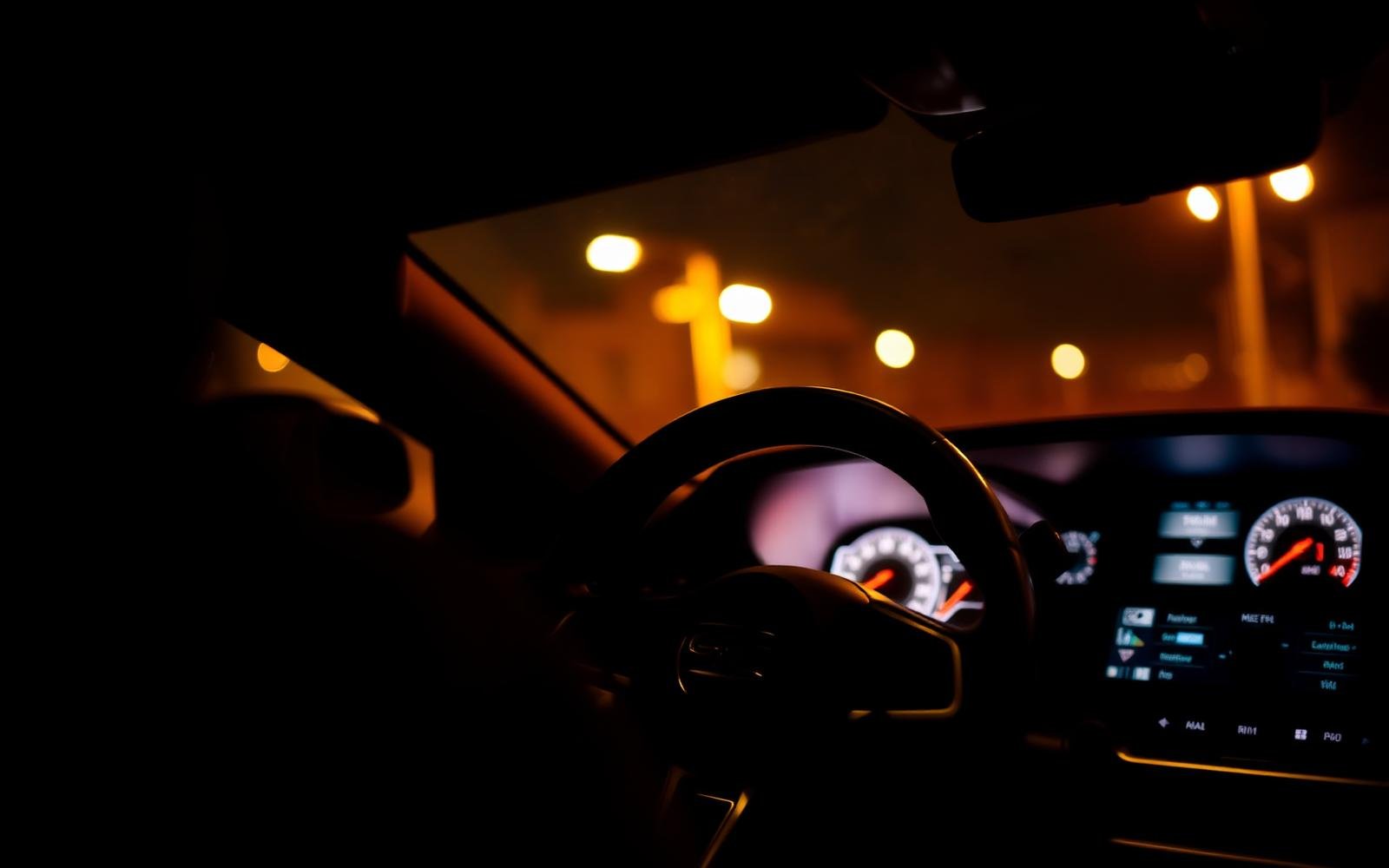 Interior de mașină premium noaptea, volan și bord iluminat, flota AUTOGAL Galați