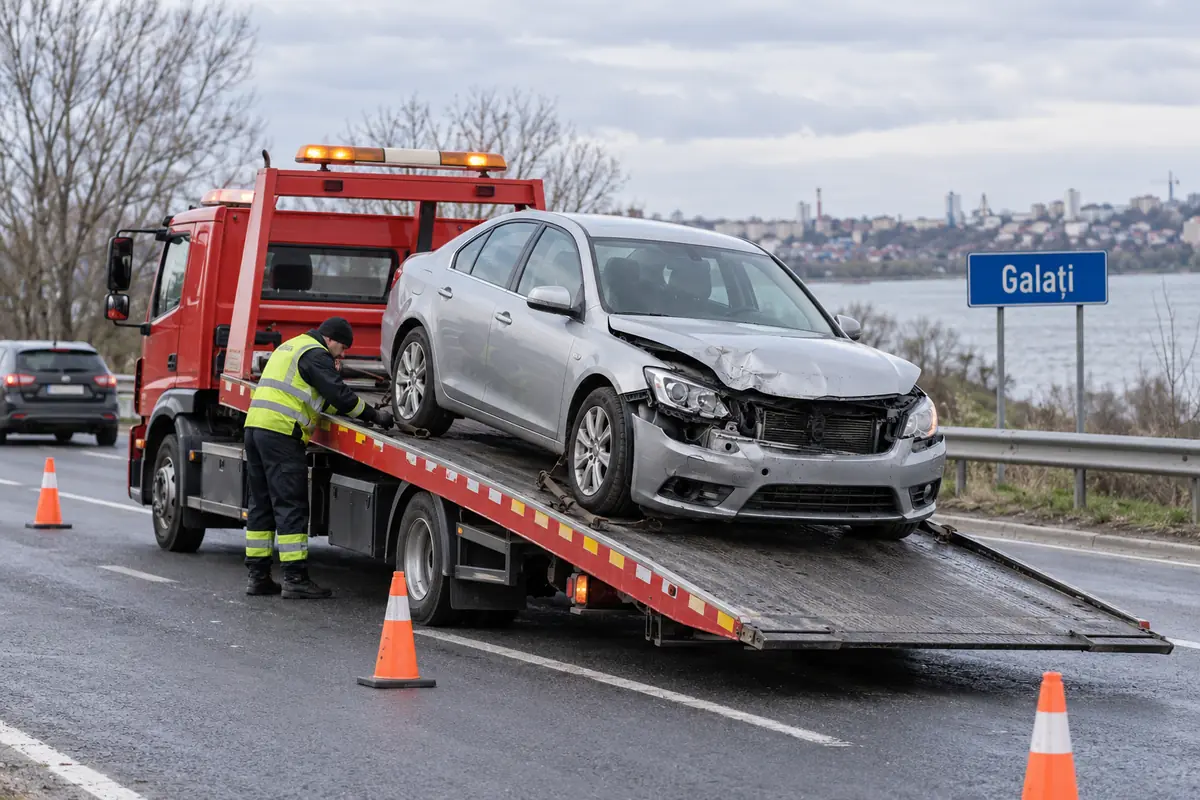 Mașină avariată încărcată pe o platformă de tractări auto în Galați