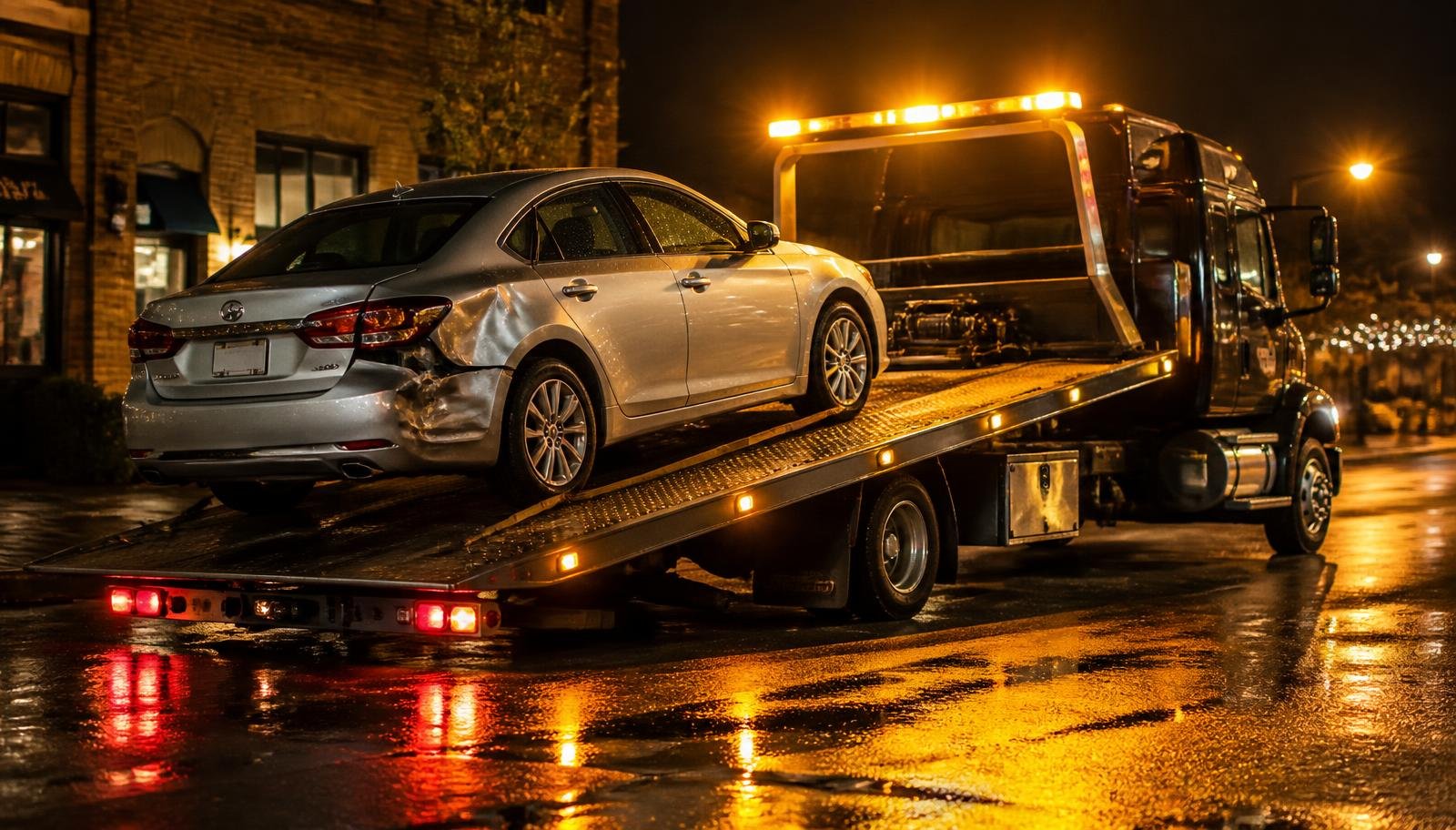 Platformă de tractări auto încărcând o mașină noaptea