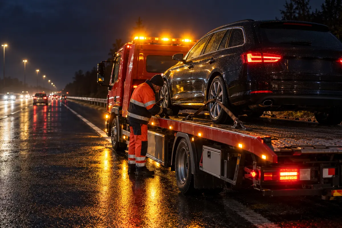 Autoturism transportat noaptea pe platformă după o pană pe autostradă