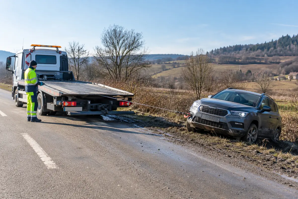 SUV recuperat de pe marginea drumului cu troliul unei platforme auto